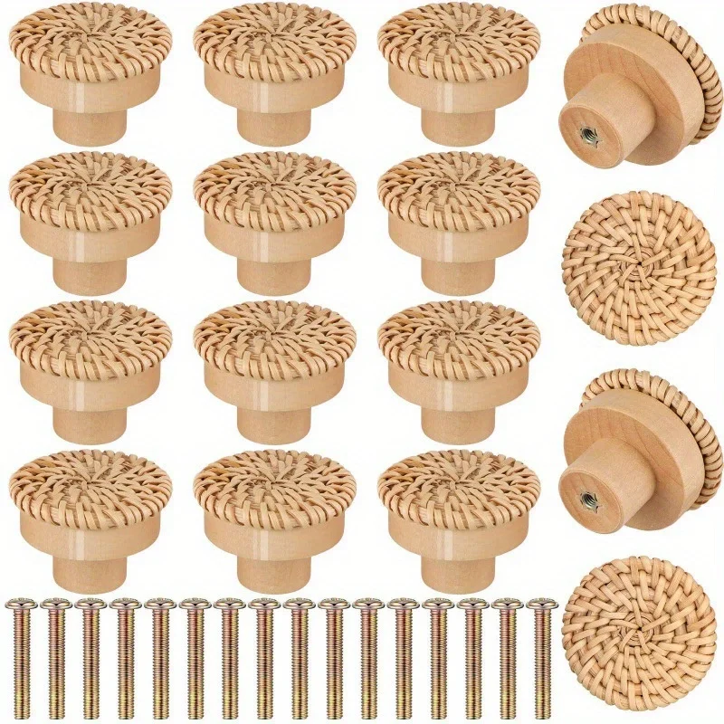 Rattan Dresser Knobs Kit Round Wooden Drawer Knobs Decorative Furniture Pull Handles Multipurpose Woven Drawer Pulls