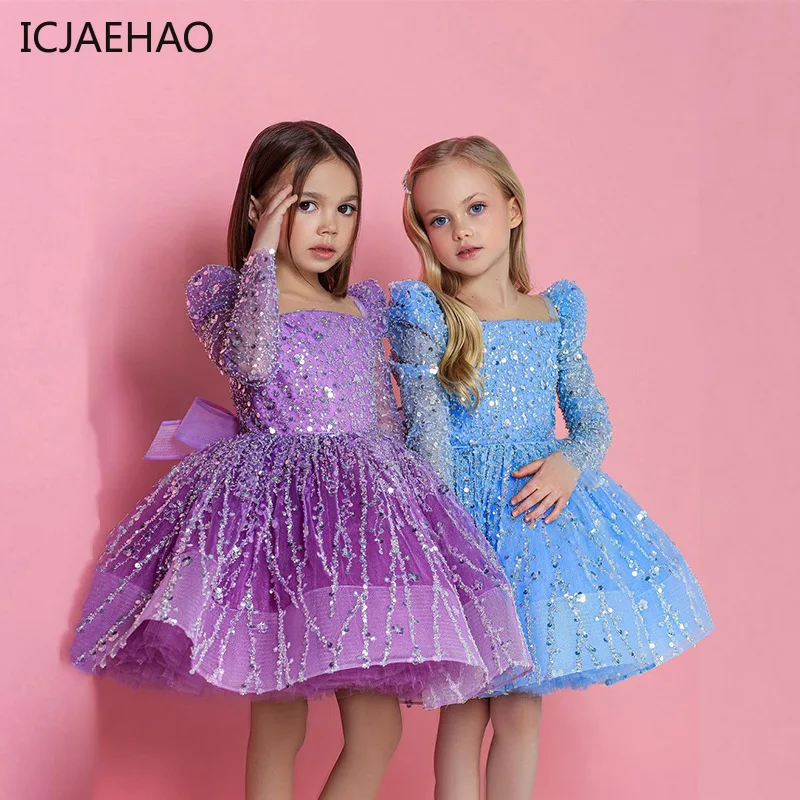 ICJAEHAO Girls Dress Sequin Mesh Long-sleeved Birthday Party  Outfit Matching Baby Opening Ceremony Prom New children\'s Clothes