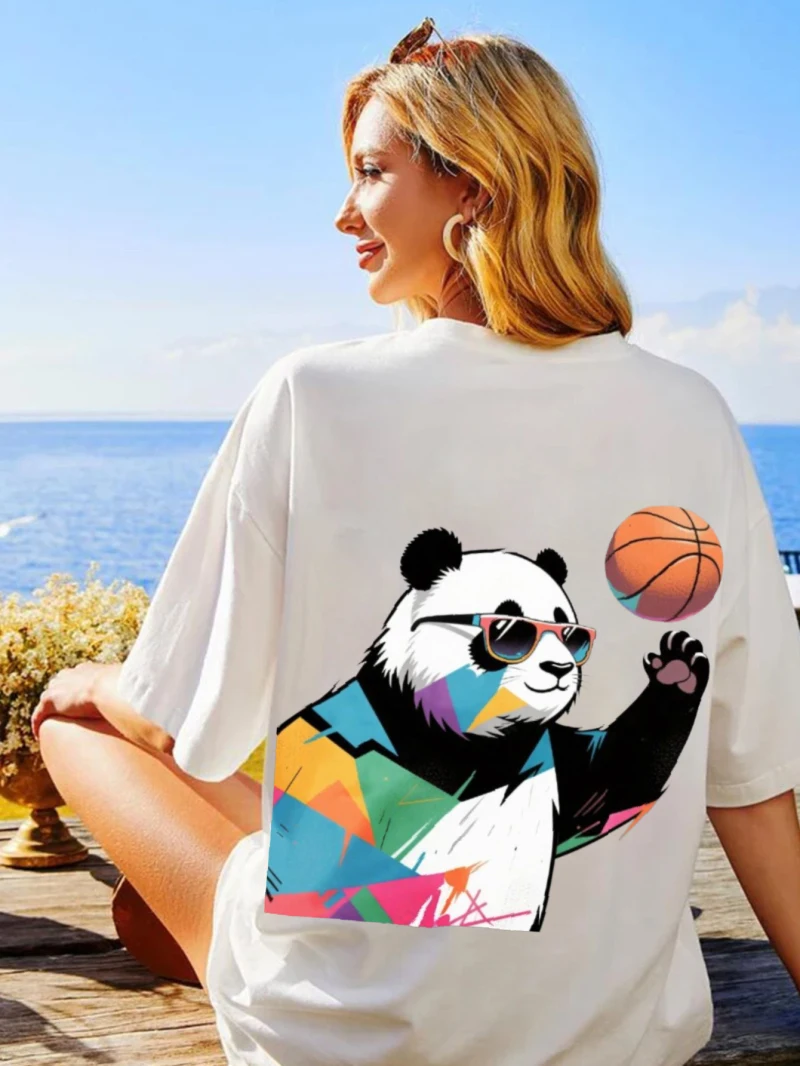 Women's Short-sleeved T-shirt with Panda Basketball Theme Print Round Neck Loose Fit Couple Style Summer Women's Clothing
