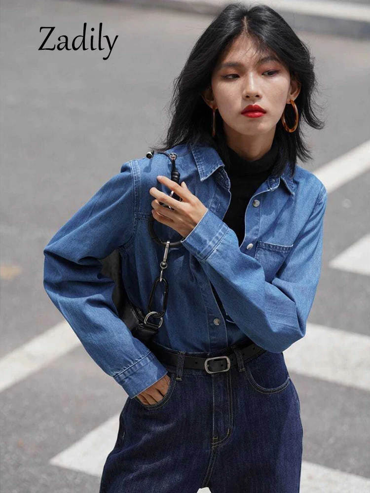 Zadily 2023 Spring Vintage Long Sleeve Women Denim Shirt Korea Style Button Up Solid Color Woman Tunic Loose Blouse Female Tops