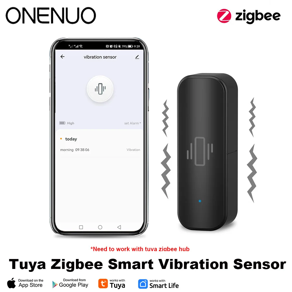 ONENUO-Tuya Smart Home ZigBee Vibração Sensor, Realtime Monitor App, Controle Remoto, Vida Inteligente, Self Defense Security Protection