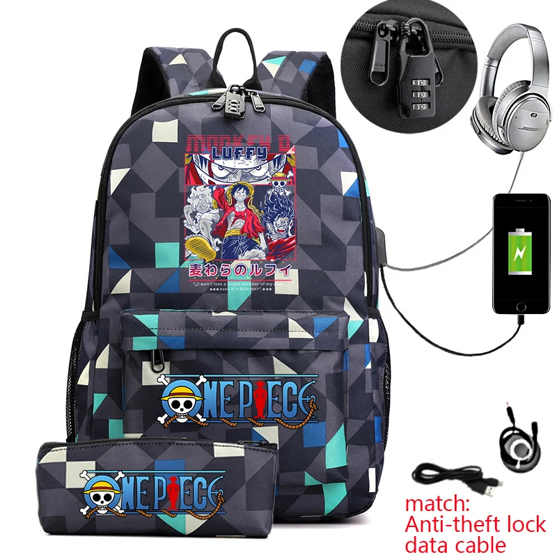 Mochila Escolar Casual Antirrobo con Estampado de Anime de One Piece Luffy, con Estuche para Lápices, para Niños y Niñas