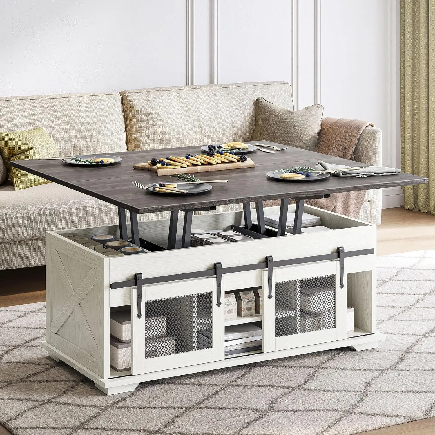 Mesa de café multifuncional com armazenamento e portas de celeiro deslizantes, Lift Top Coffee Table, 44 "Farmhouse, 3 em 1