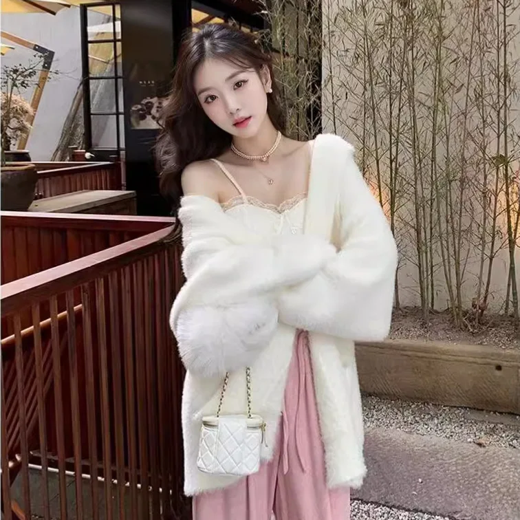 2025 خريف جديد المرأة منتصف إلى طويل كسول سترة سترة مقنعين فو فرو المنك سترة مشغولة من الصوف #4