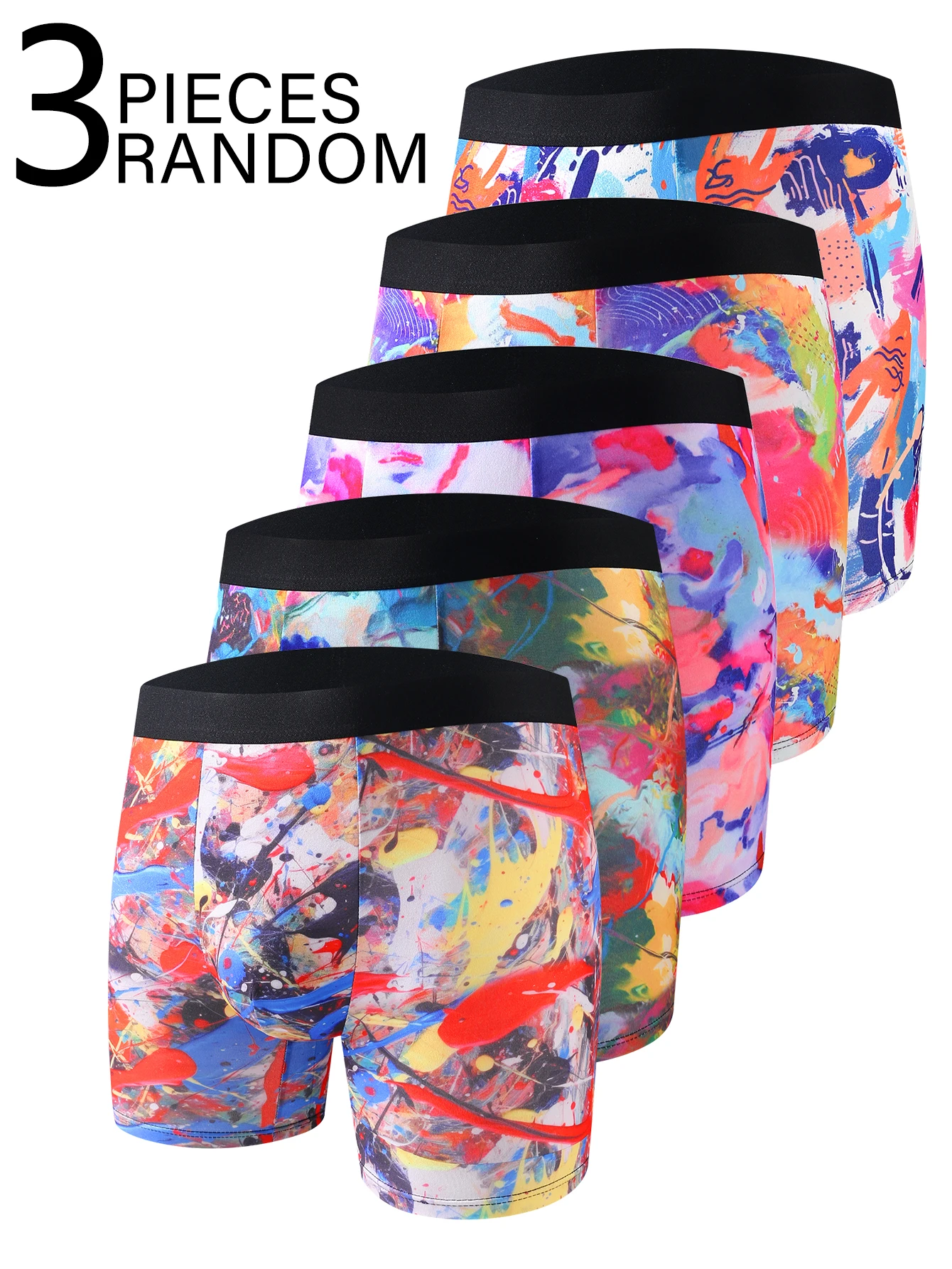 

Набор из 3 мужских трусов-боксеров с художественным принтом в стиле splatter, модные, с цветовыми блоками, высокоэластичные, со средней посадкой, молодежное нижнее белье