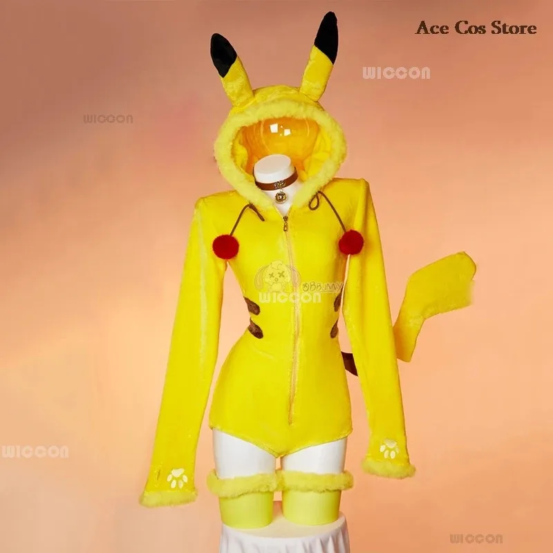 

25COSWomen Pikkachu Electric Yellow Mouse Cosplay Costume Cute Halloween Sexy Romper Bodysuit Hooded Belt Tail Anime Doujin Suit