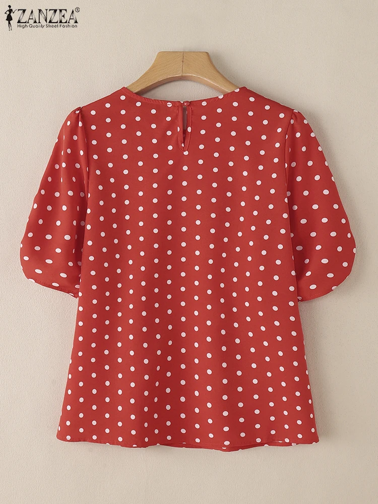 Blusas de lunares de verano para mujer ZANZEA, camisas elegantes de trabajo OL, Blusas informales con cuello redondo y manga abombada, Tops elegantes para vacaciones, Túnica para mujer