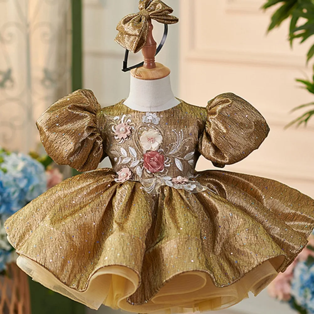 

Golden Embroidered Flower Children's Bubble Sleeves Princess Dress Fluffy Dress Girl's vestido infantil menina festa luxoparty