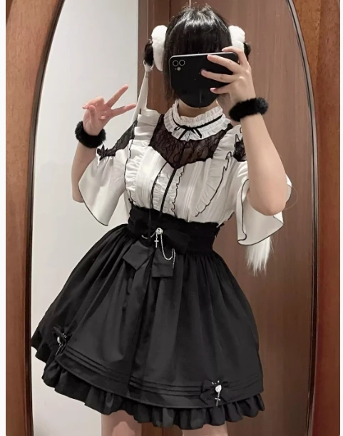 Mine Gothic Style Damen süße Spitze Kurzarm besticktes Hemd Top hohe Taille eine Linie Rock zweiteilige süße Outfits