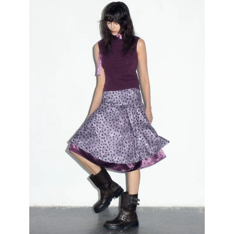 Japanese/Korean Satin Polka Dot Patchwork Lace Up Sleeveless Top Chic Waist Cinching Polka Dot Mid Length Skirt Harajuku 2pcs