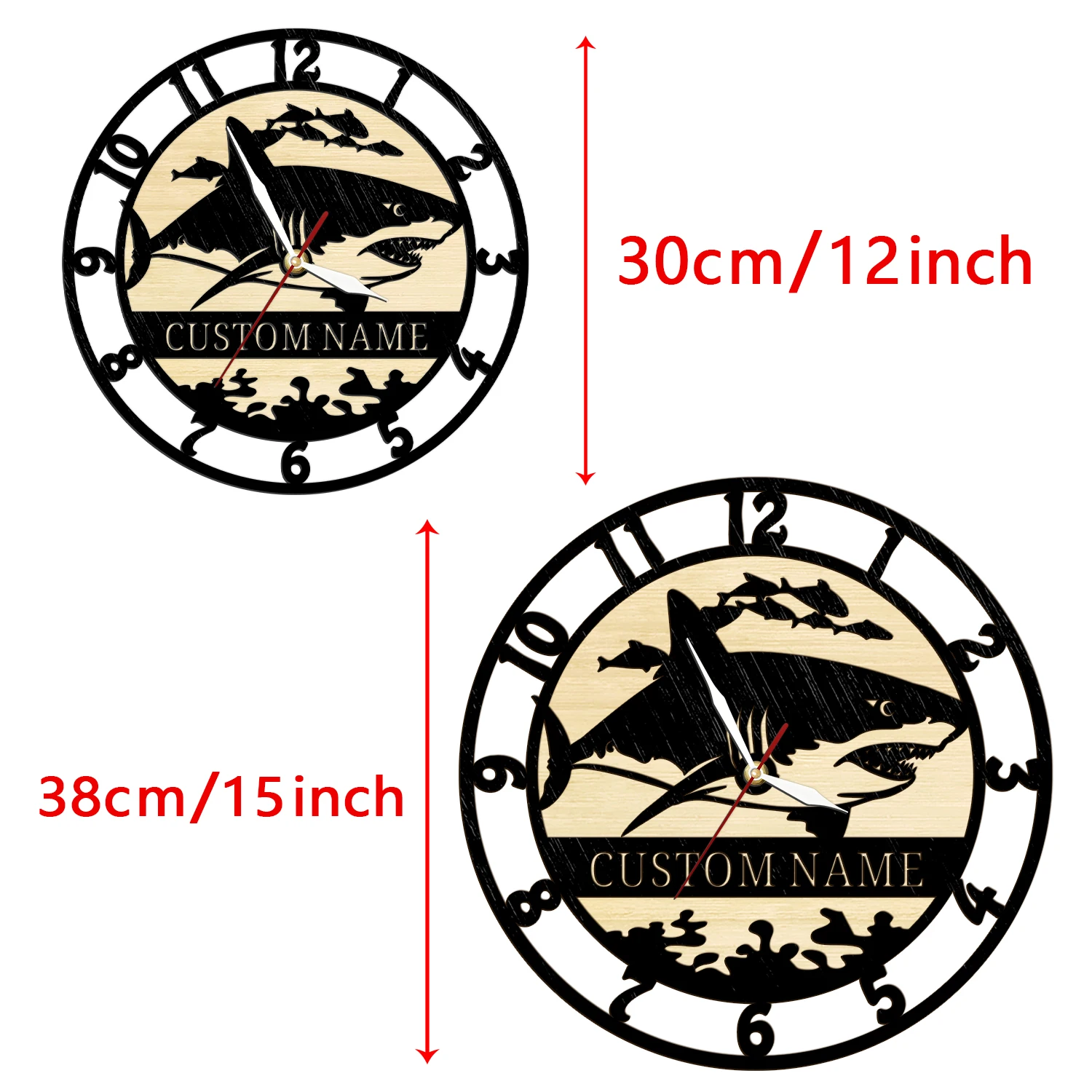Laser Cut Deep Sea Shark Wooden Wall Clock with Personalized Name Underwater Ocean Rustic Timber Home Decor Custom Wood Clock