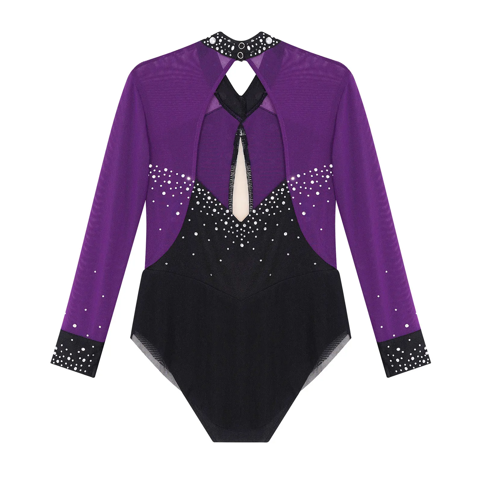 Girls Sparkly Rhinestones Latin Dance Leotard Sheer Mesh Patchwork Skirted Bodysuit for Dance Figure Skating Rhythmic Gymnastics