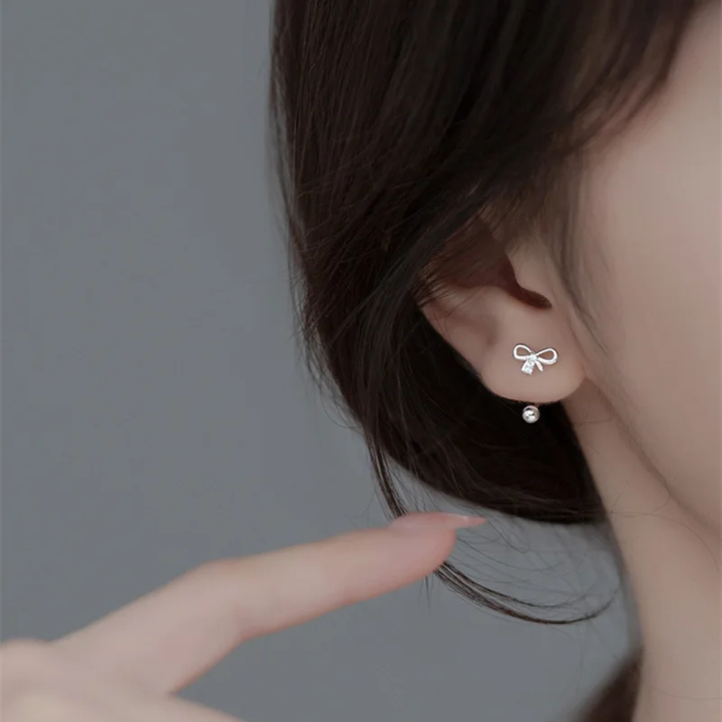 VOQ Silver Color Elegant Chic Cute Bow Spiral Bead Studs Girls Teen Party Christmas Halloween Jewelry Gift Earings