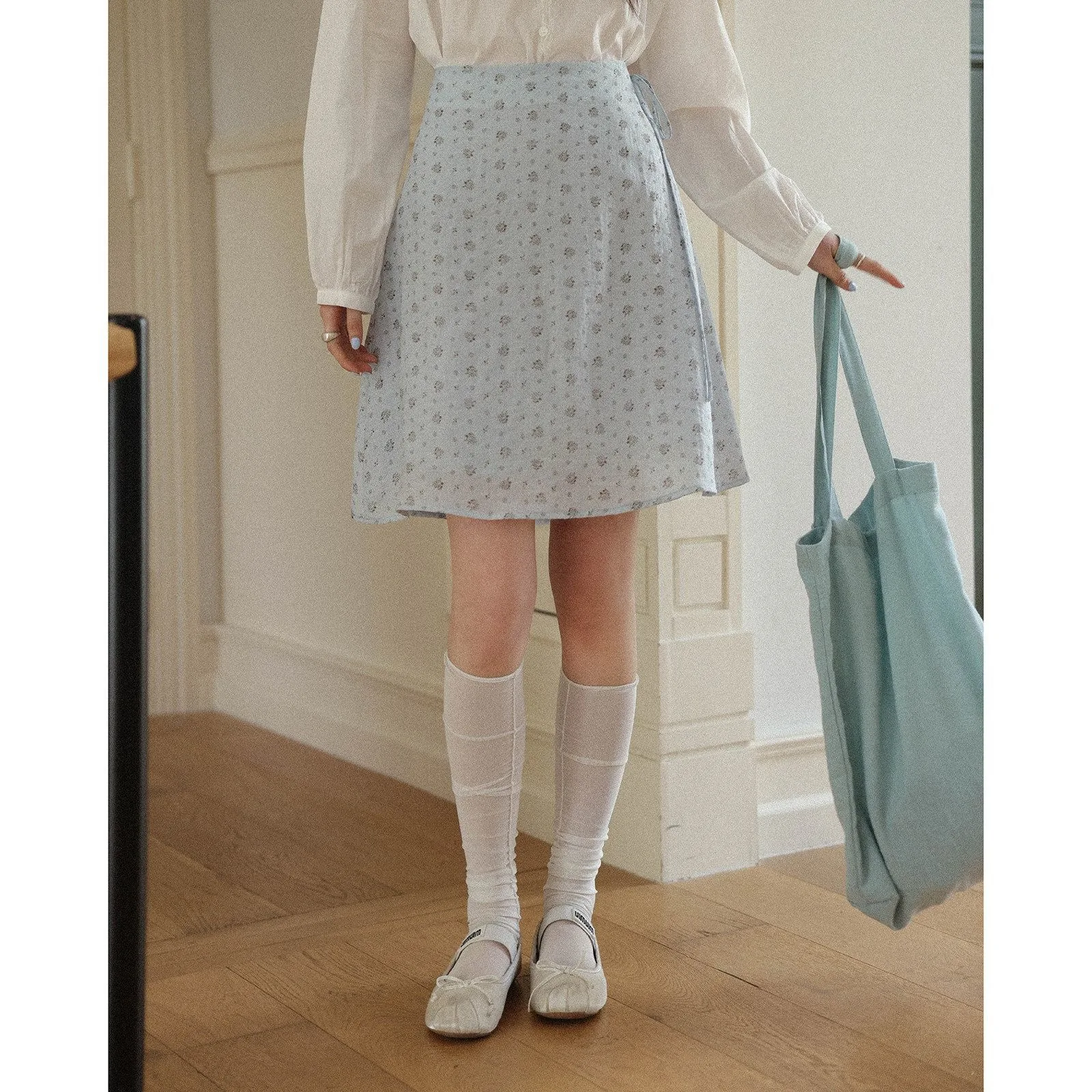 Blue Floral High Waist A-Line  Skirt Women's Summer New Style Commute Anti-Static Printed Polyester Fiber Skirt