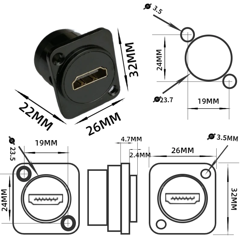 HDMI betina Ke betina sambungan bokong lurus dengan sekrup modul konektor adaptor panel tetap