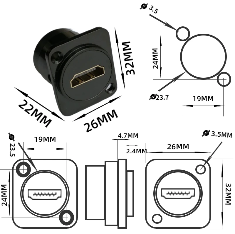 Junta de tope recta hembra a hembra HDMI con tornillo, Módulo de conector adaptador de panel fijo