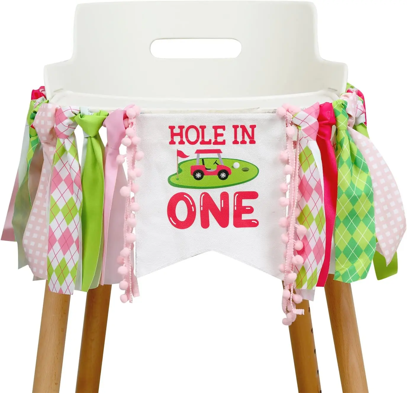 Golf One High Chair Banner for Girls, Hole in One, Birthday Party Decoration, Pink, Green, Outdoor Sports, 1st Birthday Party Su