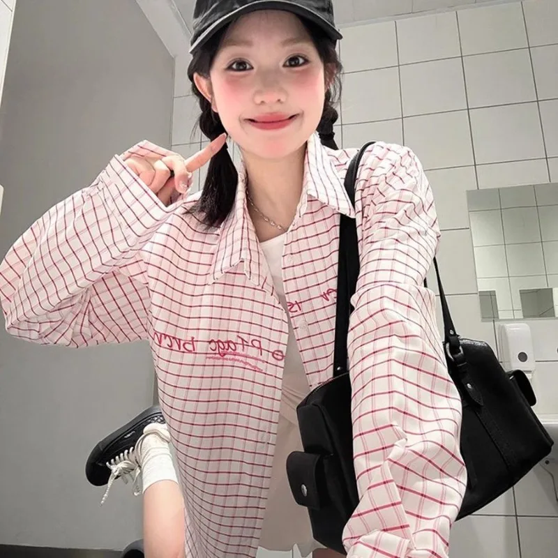 

Deeptown Pink Plaid Letter Print Women Shirts Long Sleeve Korean Fashion Blouses Loose Basic Casual Sun Protection Youthful