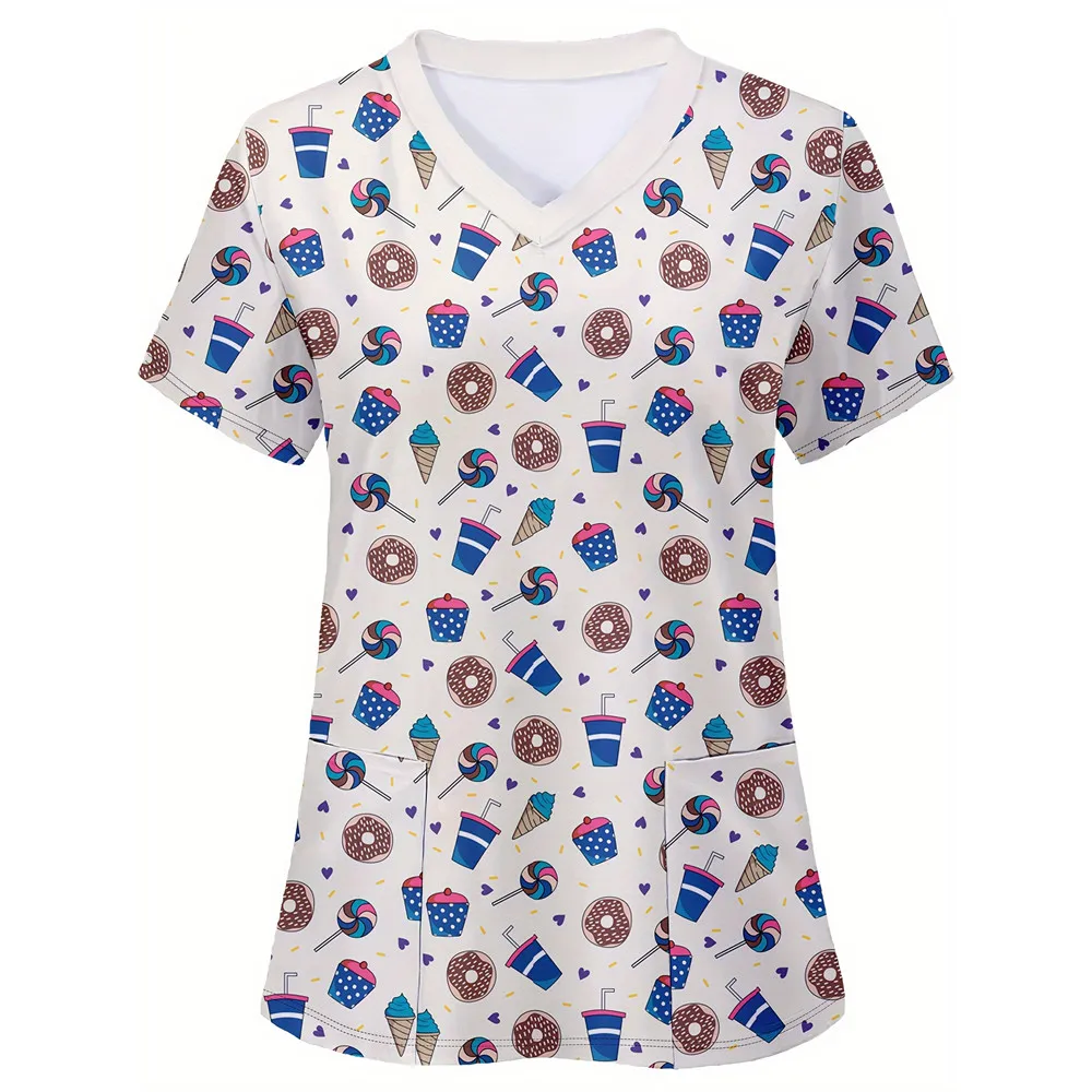 

Medical Nurse Uniforms Women's Cute Graphic Print Scrub Short Sleeve Clinical V-neck Blouse Pocket Casual Top Beauty Work Wear