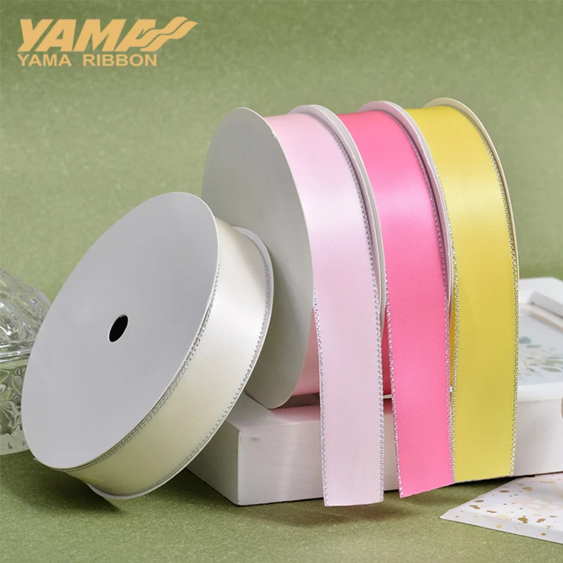 YAMA-Silver Edge Satin Ribbon, DIY Dress Accessory, Wedding Decoration Gifts, 0.25-1.5 Inch, 9, 16, 22, 25, 38mm, 100Yards per L