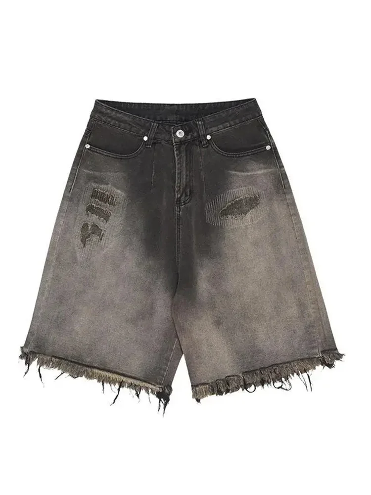 New Casual Fashion Gradient Wear Shorts Summer Women Loose Capris American Y2K Retro Women's Washed Ragged Edge Wide Leg Jeans