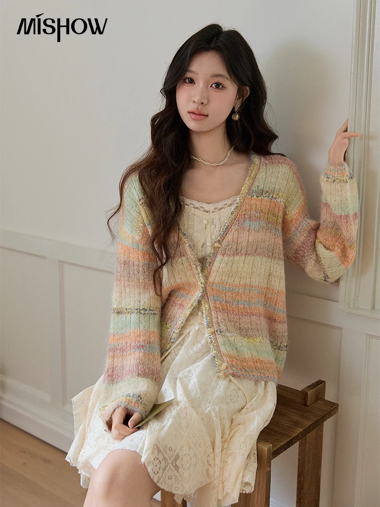 MISHOW Women's Gradient Striped Knit Cardigan 2026 Spring V Neck Single Breasted Casual Thin Soft Rainbow Sweater MXF13Z3019