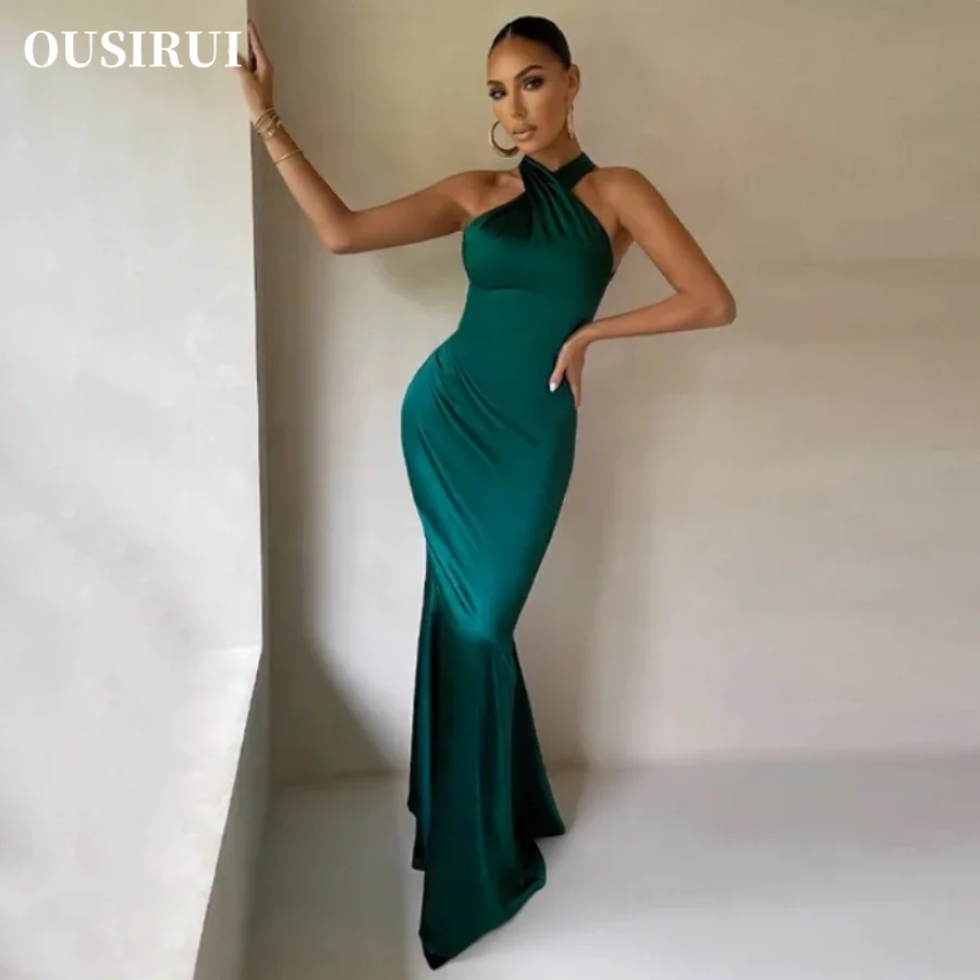 

OUSIRUI Sexy Elegant Party Club Outfit Evening Birthday Clothes Summer Sleeveless Cross Halter Satin Midi Dress Backless Bodycon