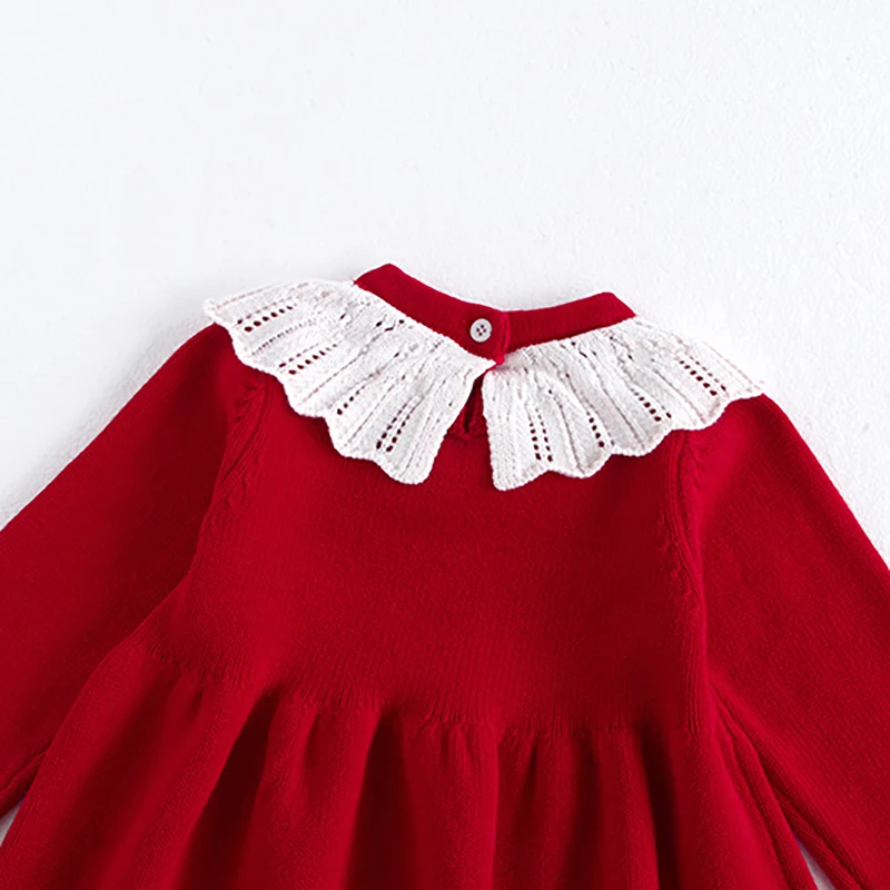 MILANCEL1-5Y Kids Clothes  Ruffle Collar Dress For Girls Knit A Line Red Dress Girls Knitwear