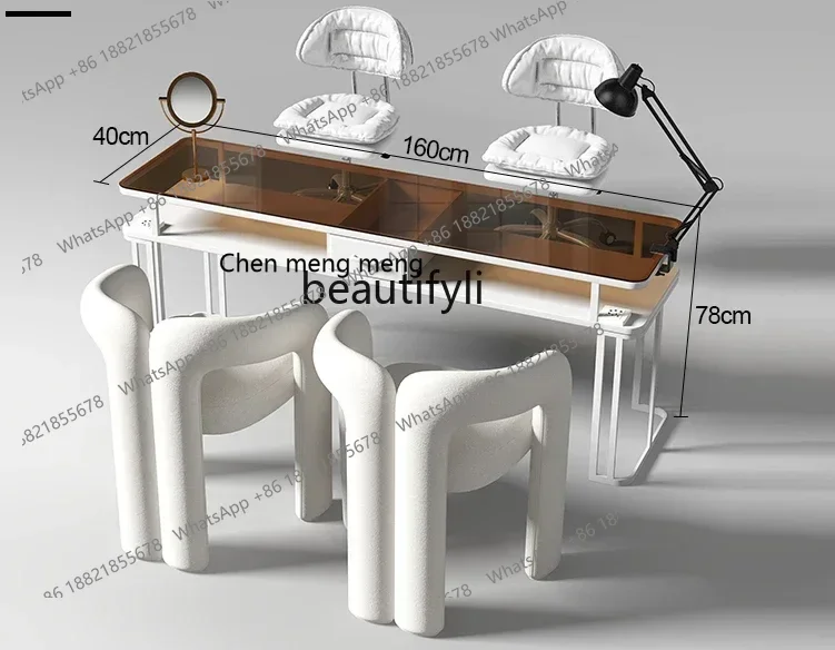 

ss newCaramel Brown Nail Table and Chair Suit Glass Nail Salon Table and Sofa Combination with Socket