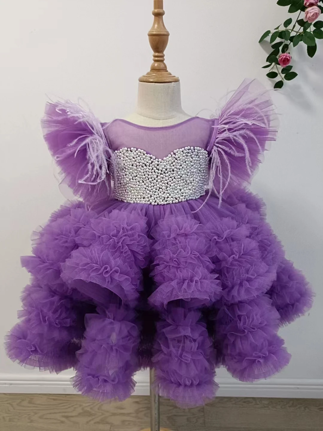 Rosa süße Blumen mädchen Kleider Prinzessin Perle Perlen Ballkleid geschwollene Erstkommunion Kleid Festzug Kleider für Mädchen