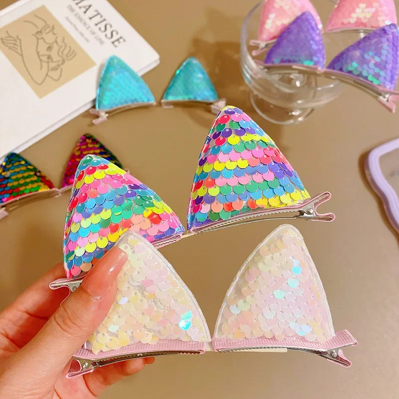 New Gradient Sequins Cat Ears Hairpins Girls Cute Hair Clips Hair Accessories Women Sweet Barrettes Kids Fashion Ornaments Gift