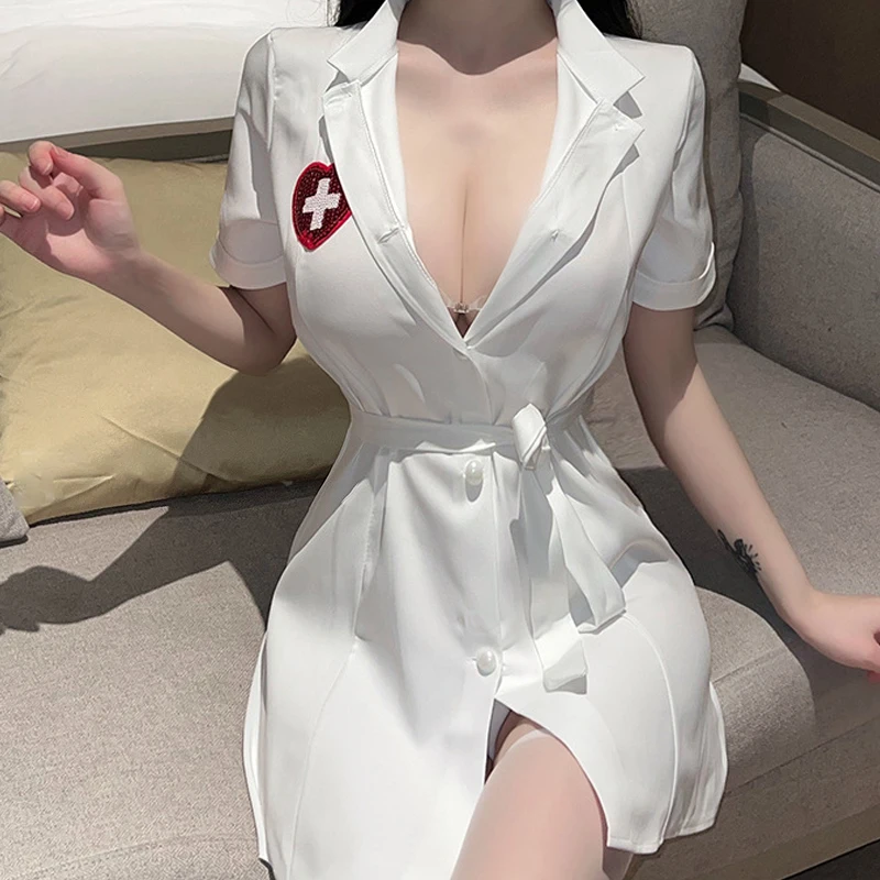 Sexy Krankens ch wester Cosplay Engel in weißen Dessous erotische Frauen Uniform Porno Erwachsenen Sex tiefen V-Ausschnitt Babydoll Kleid Unterwäsche Kostüme