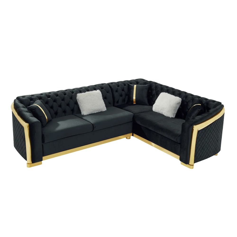 

106-дюймовый L-образный диван с золотым декором из нержавеющей стали, бархатный тафтинговый диван на пуговицах и 5 подушками.