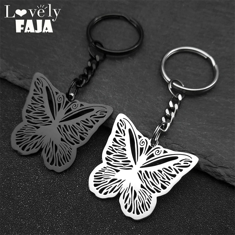 

Butterfly Flower Pendant Key Ring for Women Men Stainless Steel Silver Black Color Hollow Flying Wing Key Chain Jewelry Gift