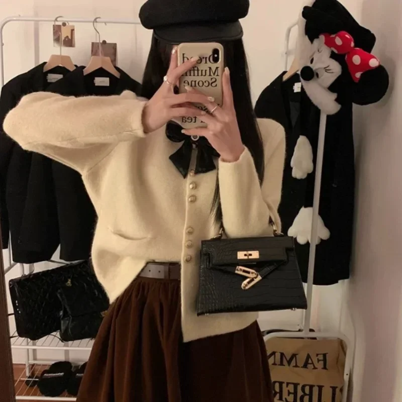 Cardigan Women Bow Design Cozy Elegant Chic Trendy All-match Autumn Knitted Korean Fashion Classic Popular Ins Exquisite Slouchy