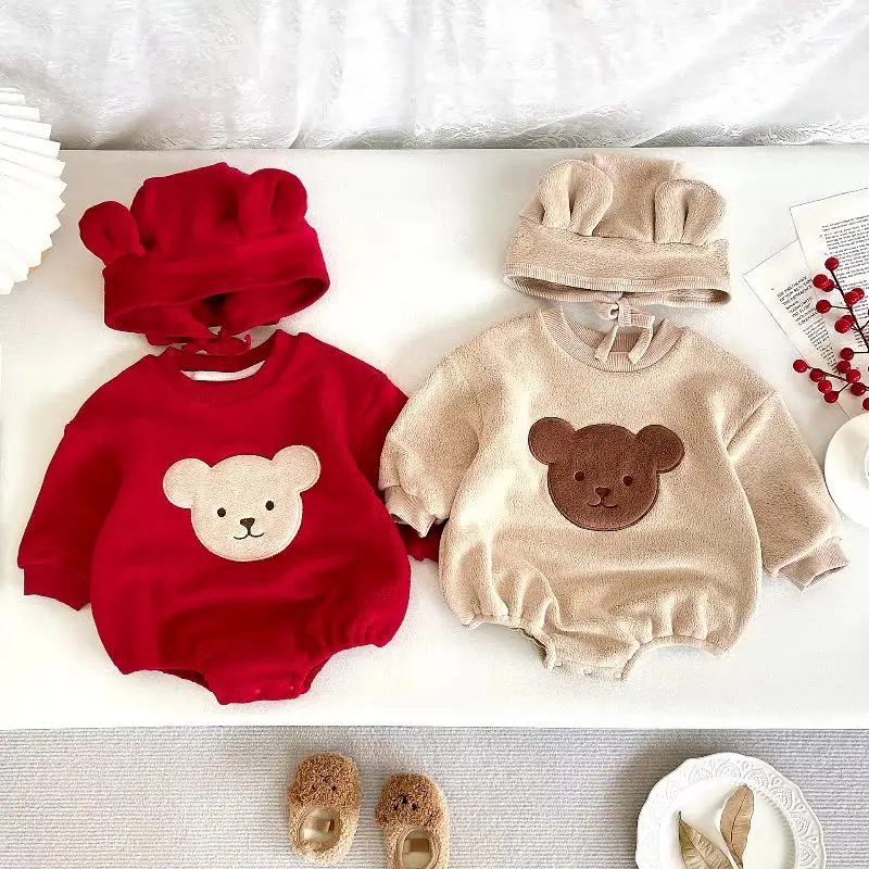 

baby autumn and winter cute bear with hat and fleece long-sleeved one-piece crawling suit,newborn clothes