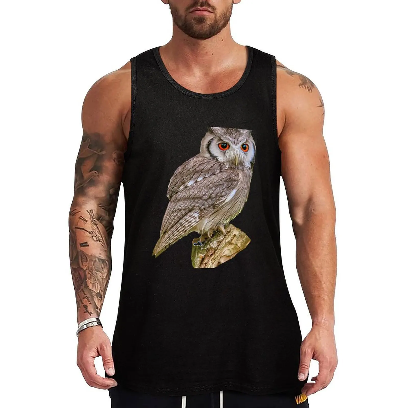 Southern white-faced Scops owl on a tree stump Tank Top Sleeveless Gym Tank Top Fitness Training Quick Dry