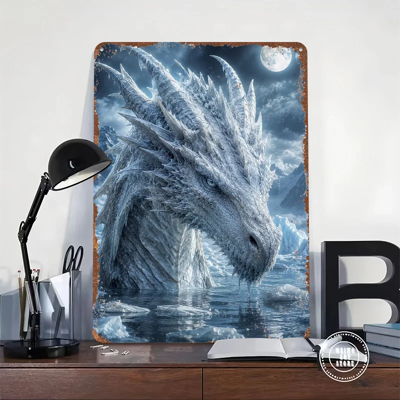 Ice Dragon in a Frozen Landscape 3D Printed Texture Poster Personalized Wall Art Retro Metal Tin Signs for Luxury Home Decor