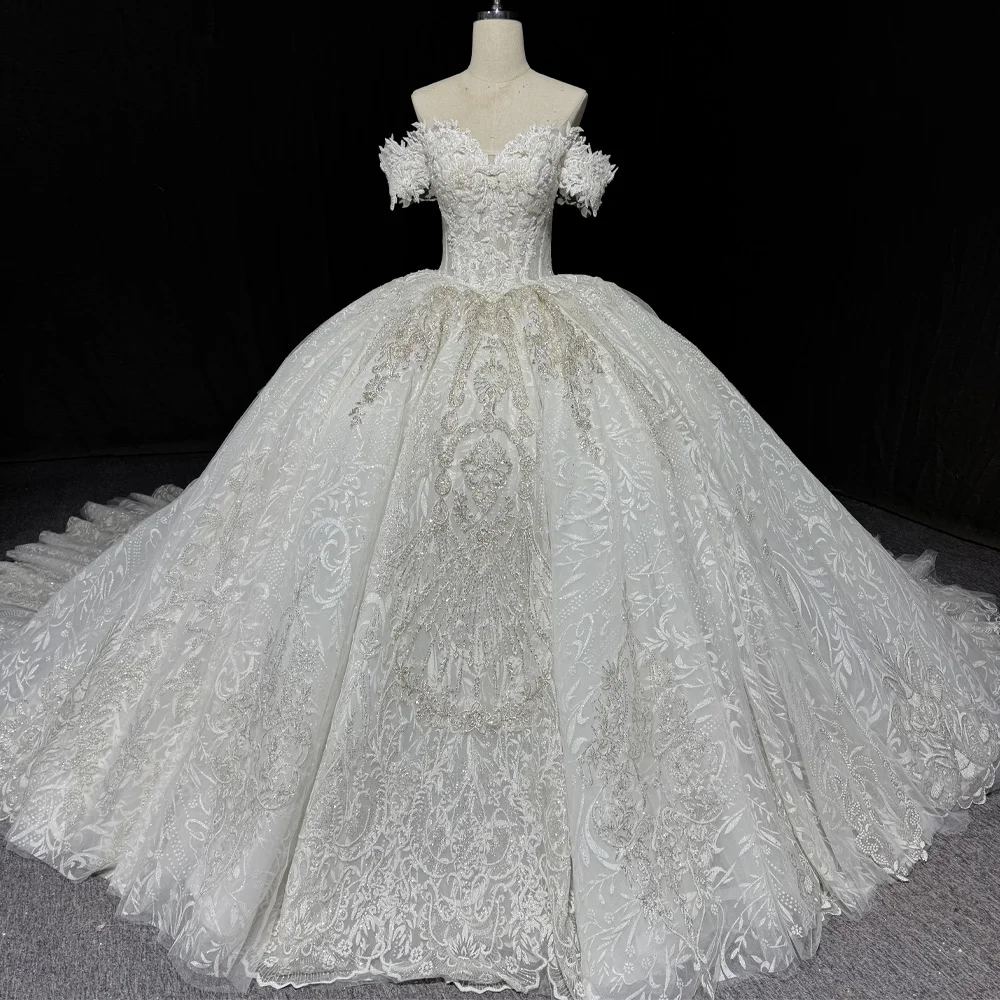 

Luxury Wedding Dress Sweetheart Off Shoulder Embroidery Lace-Up Back Customizable Bridal Dress