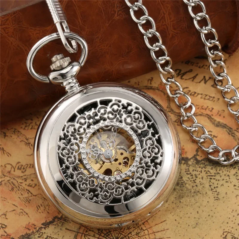 

Classical Silver Hollow Out Flower Case Clock Unisex Mechanical Hand Winding Pocket Watch Men Women Skeleton Watches FOB Chain