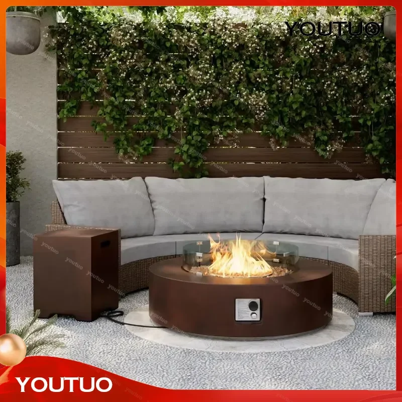 Circular Dark Brown Patio Fire Table 20 Gallon Tank Cover Glass Wind Guard