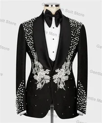 Luxury Black Men Suits 2 Piece Blazer+Pant Crystals Flower Applique Wedding Tuxedo Coat Customized Formal Office Jacket Trouser