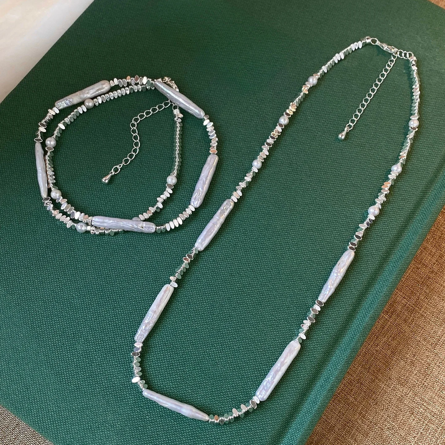 Abstract Irregular Bar Shaped Shimmering Beaded Strands Elegant Minimalist Layered Necklaces Modern Sleek Aesthetic Fine Collar