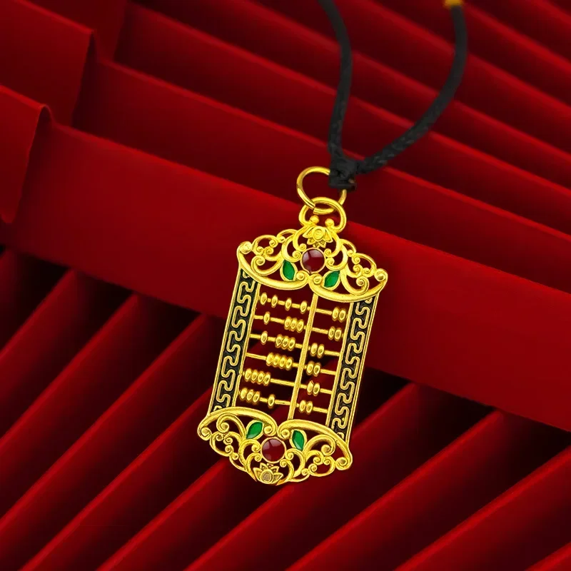 

24K Yellow Gold Heavenly Blessing Retro Ethnic Style Burned Blue Abacus Pendant for Men and Women, 999 Real Gold Necklace Gifts