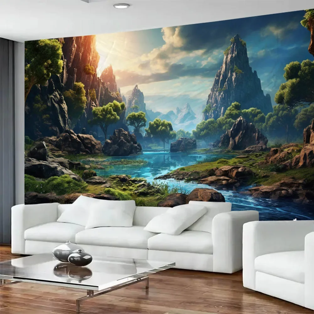 Natural Landscape Tapestry Mountain Range River Home Wall Hanging Aesthetic Background Poster Living Room Wall Art Decoration