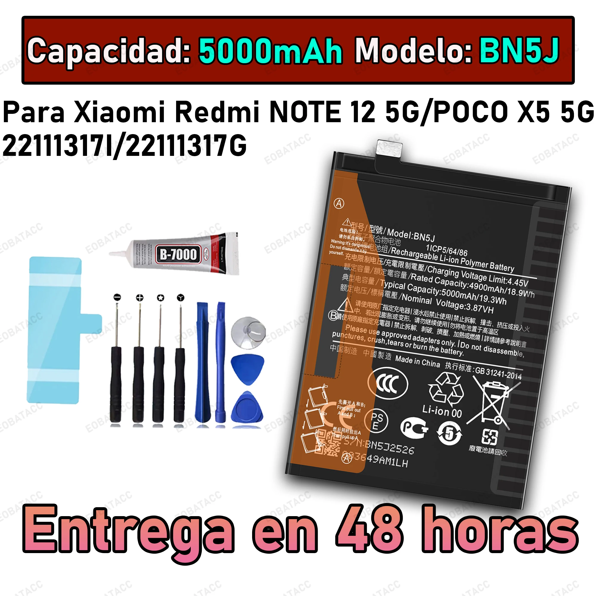 

100% New Zero Cycle BN5J Battery For XIAOMI Redmi Note 12 5G/POCO X5 5G Bateria +Free Tools