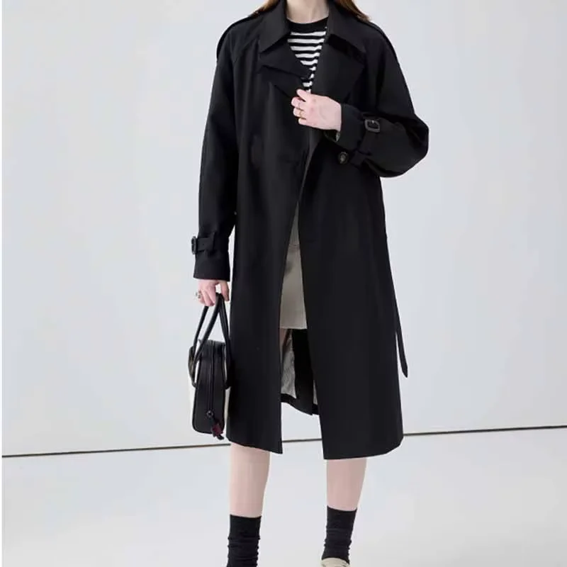 Gabardina larga de manga larga con cinturón para mujer, abrigo clásico de Color liso, ropa de calle informal para primavera y otoño