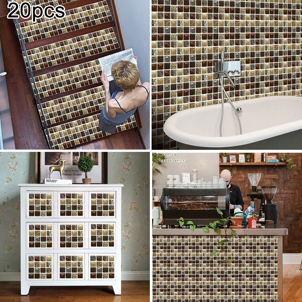 3D Mosaic Tile Stickers Pack of 20 for Kitchen and Bathroom Walls with Waterproof and Oil Resistant Properties