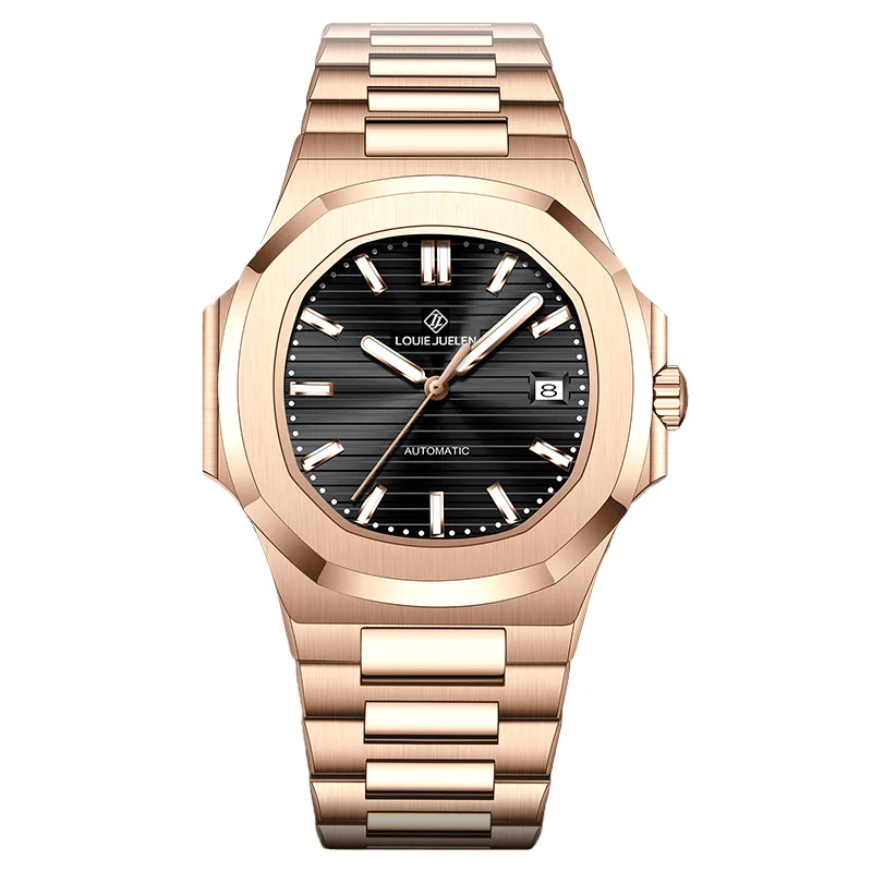 

Luxury Gold Automatic Watch for Men LOUE JUEBEN Classic Octagon Design Stainless Steel Mechanical Wristwatch with Date Display