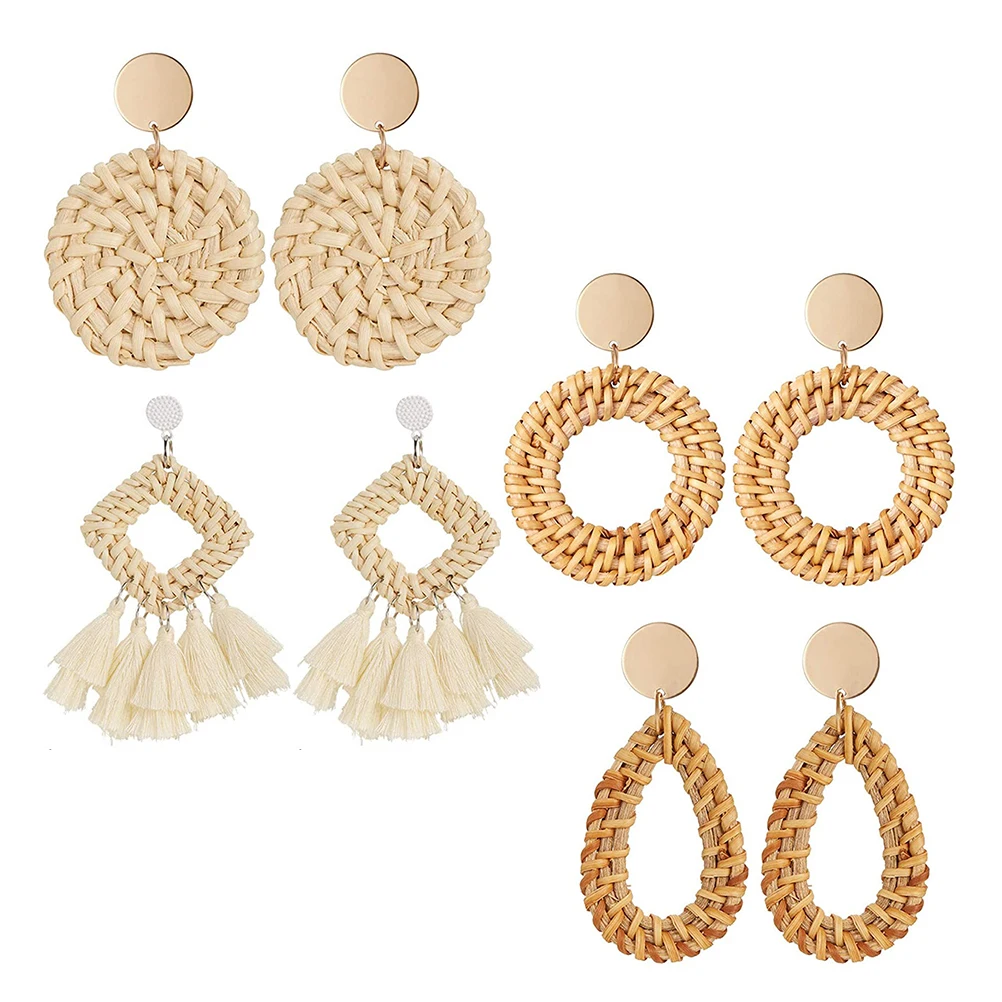 

4 Pairs Rattan Tassel Earrings Lightweight Comfortable Daily Wear Party Casual Wooden Dangle Stud Women Girls Accessories
